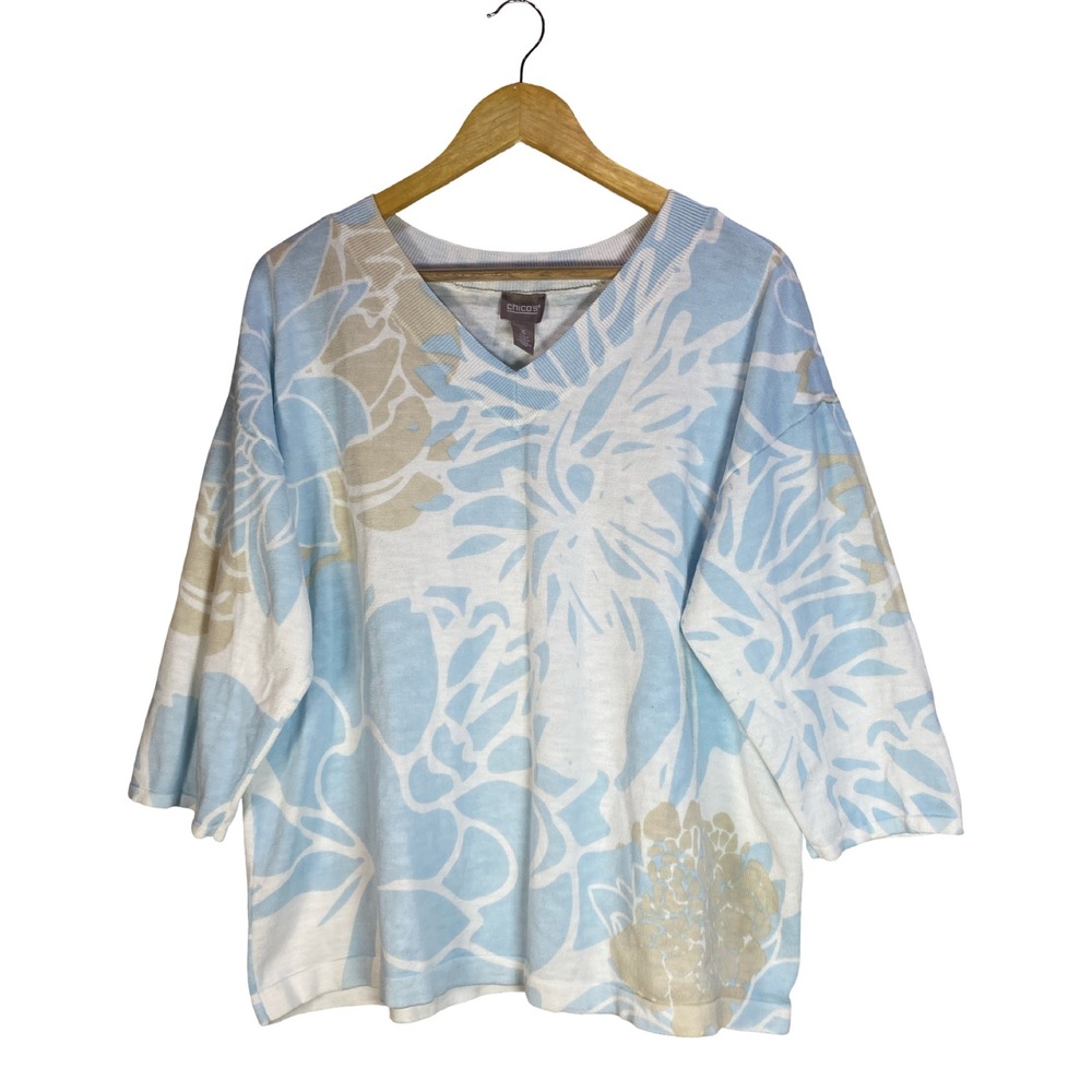 Chicos Floral V-Neck Sweater Blue Tan Cotton‎ Rayon 3/4 Sleeve Size 3 XL